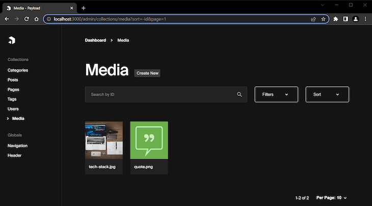 Payload Blog Media Collection With Two Uploaded Items Displayed