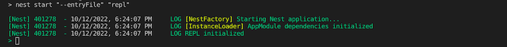 Terminal to launch Nest.js REPL environment.