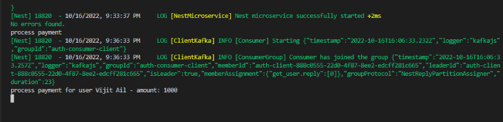 Console Message Confirming Microservices Set Up