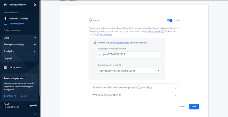 Firebase Google Authentication Project Name