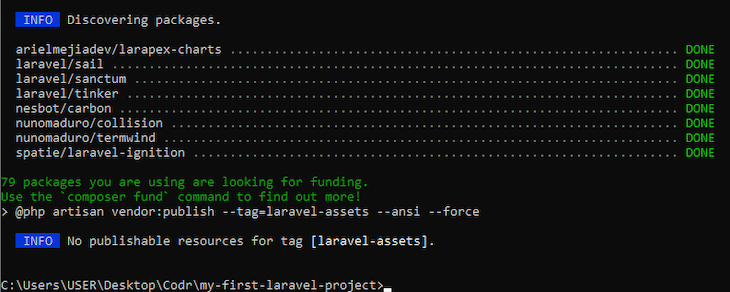 Black Terminal Background With White Text Showing Larapex Charts Library Installation With Blue Info Labels And Green Done Labels Indicating Package Installation Status And Other Necessary Information