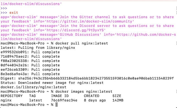 Information About Docker Slim App In Pink Text With Information About Original Docker Container Image In Black Text, Including Headings Such As Repository, Tag, Image Id, Created, And Size