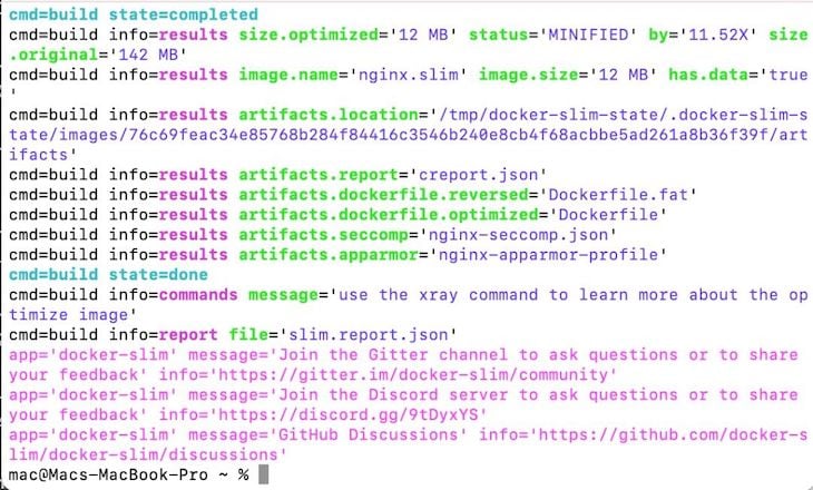 Message Returned In Color Coded Text After Successfully Running Command To Optimize Docker Container Image