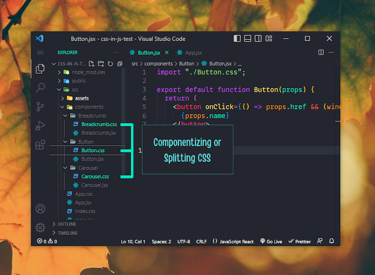 Visual Studio Code Window Open Over Colorful Leafy Background. Window Shows Example File Structure With Label Pointing To Different Css Components To Show How Componentizing Or Splitting Css Helps With Organization