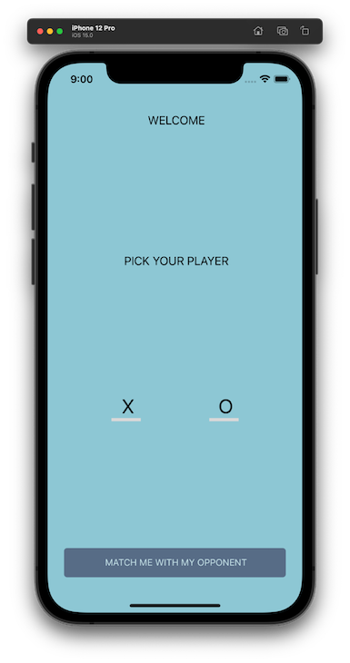Iphone Screen Showing Light Blue App Home Screen With Welcome Message, Prompt To Pick Player, X And O Symbols, And Darker Blue-Grey Button To Start Game