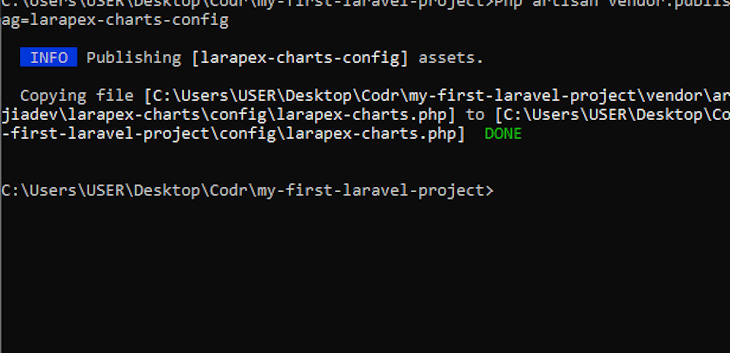 Black Terminal Background With White Text, Blue Info Label, And Green Done Label For Message Confirming Successful Larapex Charts Setup