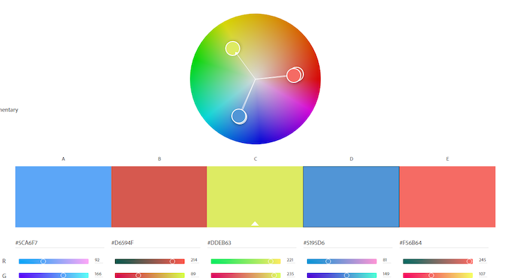 Adobe Color Tool Wheel Demonstrating Five Variants Of Primary Colors: Light Blue, Light Red, Light Yellow, Slightly Darker Blue, Slightly Lighter Red