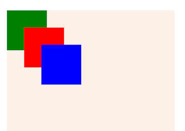 Same Three Square Elements And Linen Colored Parent Container As In Previous Images, But Now Overlapping And Offset So That Red Square Overlaps Bottom Right Corner Of Green Square And Blue Square Overlaps Bottom Right Corner Of Red Square