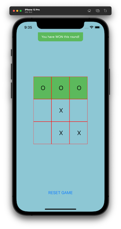Iphone Screen Showing React Native App With Blue Background And Green Toast With Winning Message, Along With Gameplay Board With Winning Row Highlighted