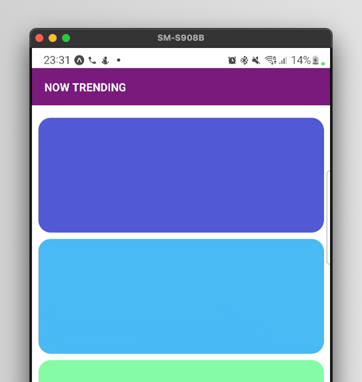 Results Of Adding Top Padding To Android Device So App Content Does Not Overlap With Status Bar. Status Bar Information Displayed In Black Text Over White Background Above Purple Bar Leading Into App Content