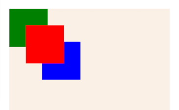Same Three Square Elements And Linen Colored Parent Container As In Previous Images, Still Offset As In Last Image, But Now With Red Square In Front Of Both Other Squares