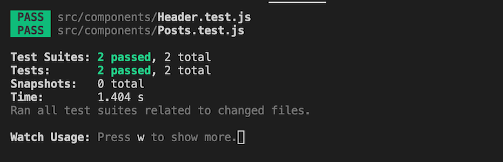 Pass Test Result For Both Header Test And Posts Test After Saving Test File Asserting That Text Is In Document