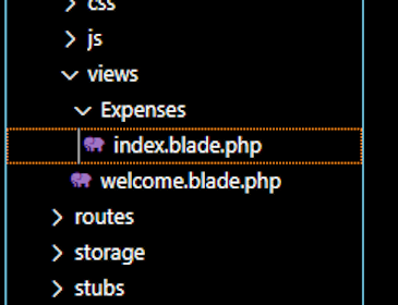 Black Background With White Text Showing Project File Structure With Expenses Folder Expanded To Show Index Blade Php File Where Chart Object Was Passed In Previous Step