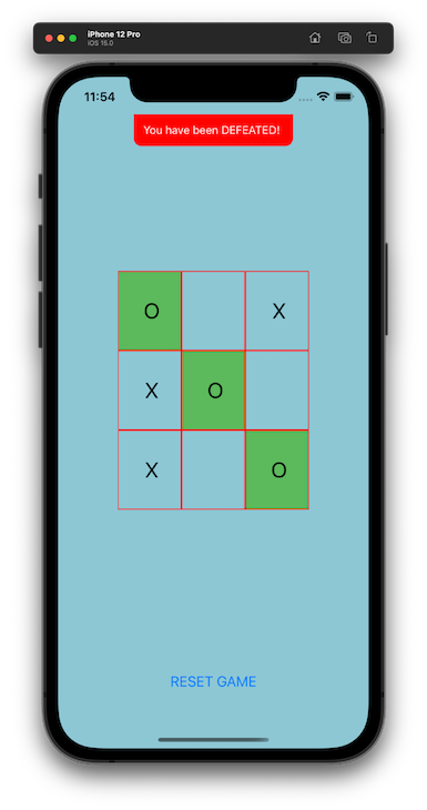 Iphone Screen Showing Light Blue React Native App Background With Red Toast Displaying Losing Message, Gameplay Board With Winning Row Highlighted In Green, And Prompt To Reset Game
