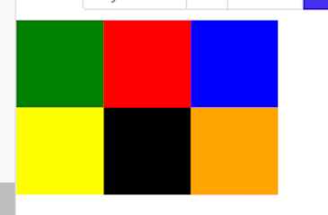 Same Six Square Elements As In Previous Image Now Arranged In A Grid Of Two Rows And Three Columns. First Row From Left To Right Contains Green, Red, And Blue Squares. Second Row From Left To Right Contains Yellow, Black, And Orange Squares.
