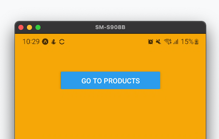 Home Screen Of React Native App On Android Device With Status Bar Information Displayed In Black Over Orange Background And Above Blue Button Reading "Go To Products"