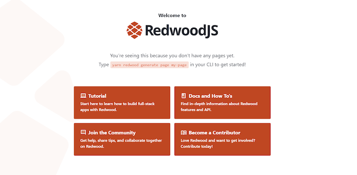 RedwoodJS startup page