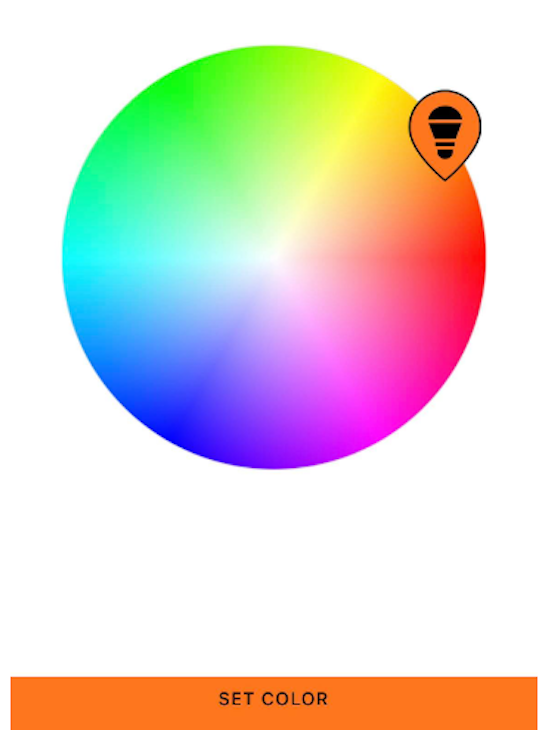 Color Wheel With Teardrop Shaped Selector With Lightbulb Symbol Inside. Selector And Button Below Show Preview Of Color, In This Case Orange