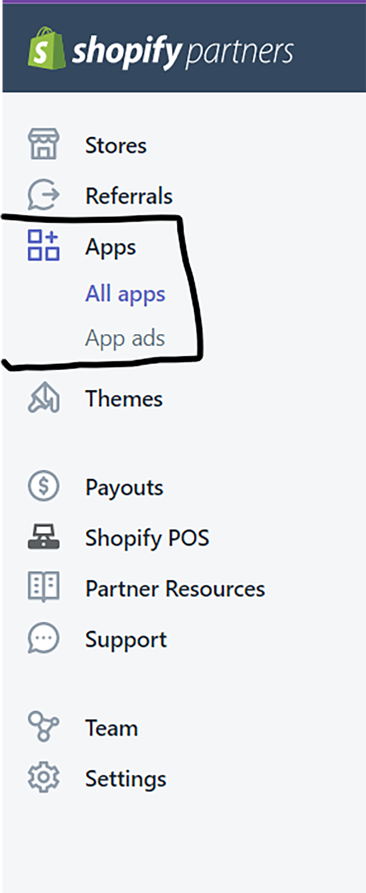 The Apps tab in the Shopify Partner dashboard
