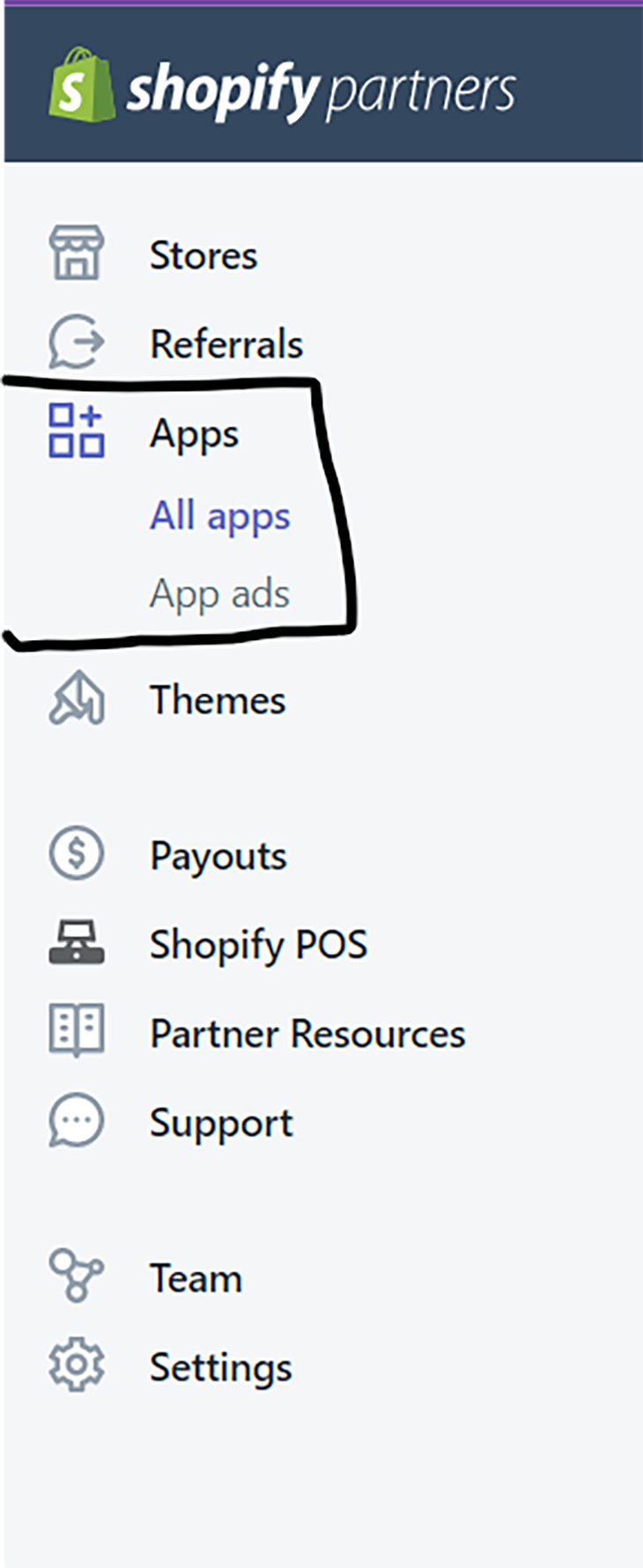 The Apps tab in the Shopify Partner dashboard