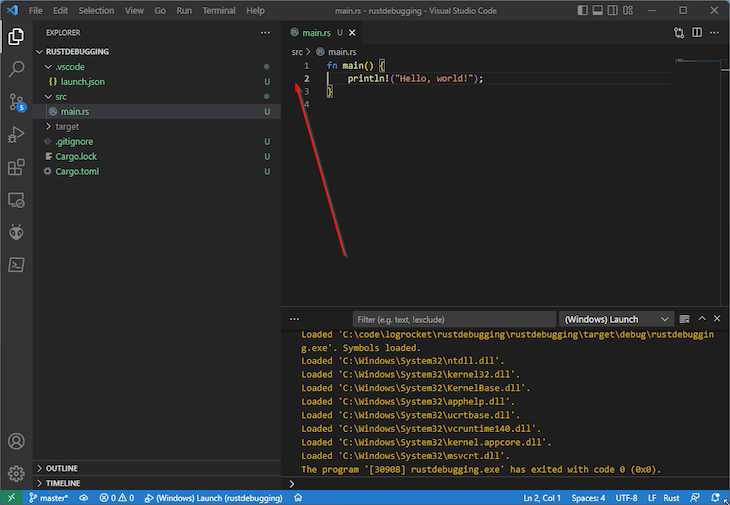 VS Code Terminal With Red Arrow Pointing to Left of Line Two Where User Should Click to Set Breakpoint
