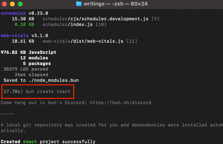 Time for Bun to Install All Dependencies for a React App