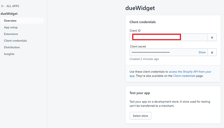 Input the client credentials for your store