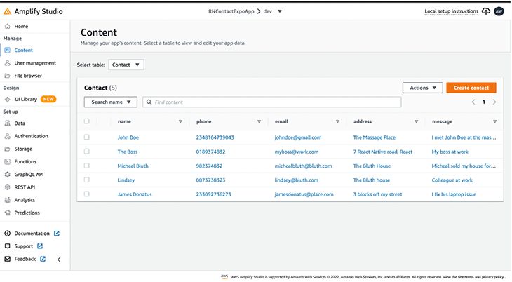 The Content menu in Amplify Studio