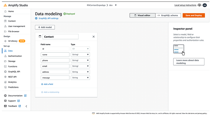 The Data modeling page in Amplify Studio