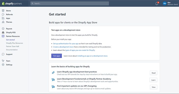 The Get Started page in the Shopify Partners dashboard