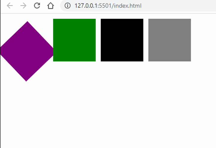 Anime Js Example In Browser Showing Purple, Green, Black, And Gray Squares In A Row Moving One By One To Bottom Of Image While Rotating And Then Returning To Original Position