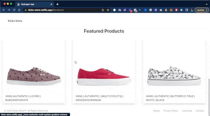 Browser Shown Open To Example Store With Three Featured Products Listed Under Store Name. User Shown Mousing Over First Product And Clicking, Scrolling Down Product Page, Returning To Homepage, Clicking On Second Product, Scrolling Through Product Page, And Gif Loops