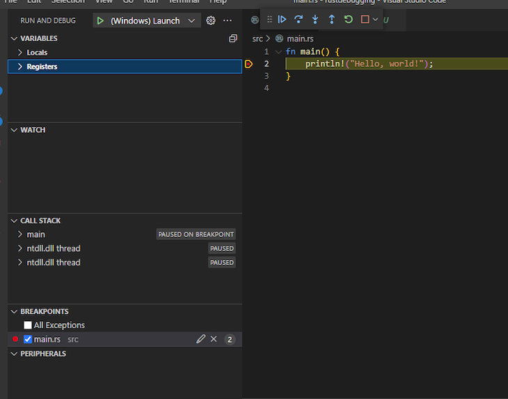 Vs Code Terminal With Line Two Highlighted In Yellow To Show That Execution Has Been Halted At The Breakpoint