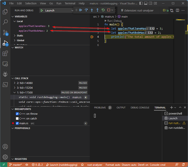 Vs Code Terminal With Two Double Sided Red Arrows Pointing Between Function Lines And Their Respective Local Variable Views. Highlighted Line With Breakpoint Now Appears At Line Four