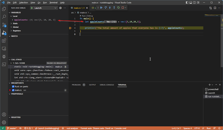 Vs Code Terminal With Double Sided Red Arrow Pointing Between Vec And Corresponding Local Variable View