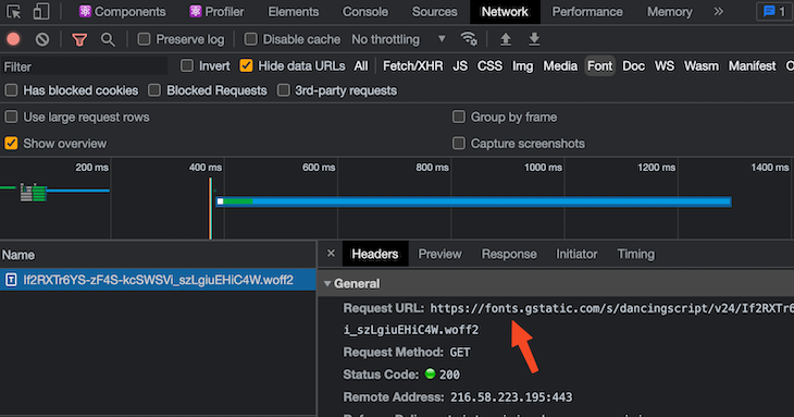 Browser Developer Pane Open In Dark Mode With Red Arrow Pointing To External Request Url For Font Rendering