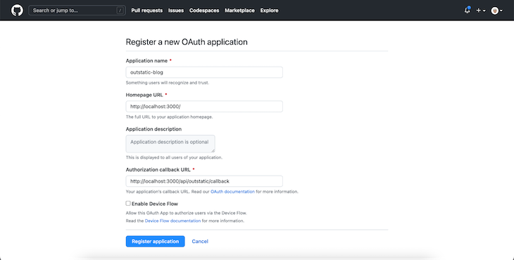 Github Form For Registering New Oauth App With Blue Button At Bottom To Register Application 