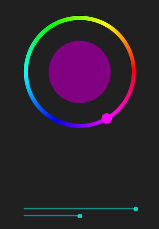 Dark Background With Colored Circle Inside Rainbow Circle Outline. Two Slider Bars Are At Bottom Of Image. Inner Circle Shows Selected Hue In Darker Shade According To Slider Settings