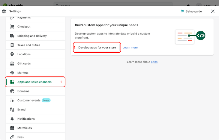 Shopify Store Settings Page With Apps And Sales Channels Menu Tab Circled In Red With Number One Label. Another Red Circle With Number Two Label Indicates Button To Develop Apps For Store