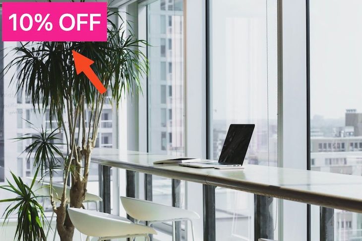 Same Stock Image Now With Red Arrow Pointing To White Text With Pink Background Reading Ten Percent Off