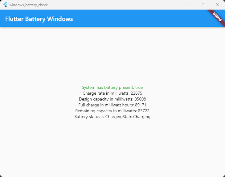 Flutter Battery Check App Open In Window With Blue Bar At Top With White Text Reading Flutter Battery Windows. White App Background Contains Small Centered Text Showing Battery Info Readout