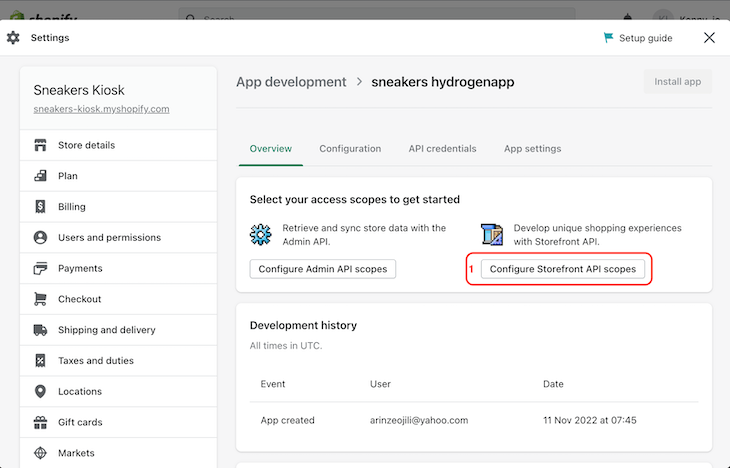 Shopify Store Settings Shown After Creating Custom Application. Red Circle And Number One Label Indicate Button To Configure Storefront Api Scopes