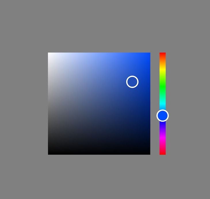 Medium Gray Background Showing Square And Vertical Bar With Selectors. Vertical Bar On Right Shows Colors Of Rainbow With Blue Selected. Square Shows Selected Blue Hue With Varied Lightness Options And Selector Towards Top Right Corner