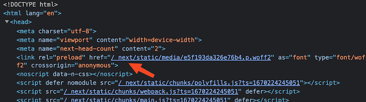 Head Element In Html File With Red Arrow Pointing To Injected Preload Link For Dancing Script Font