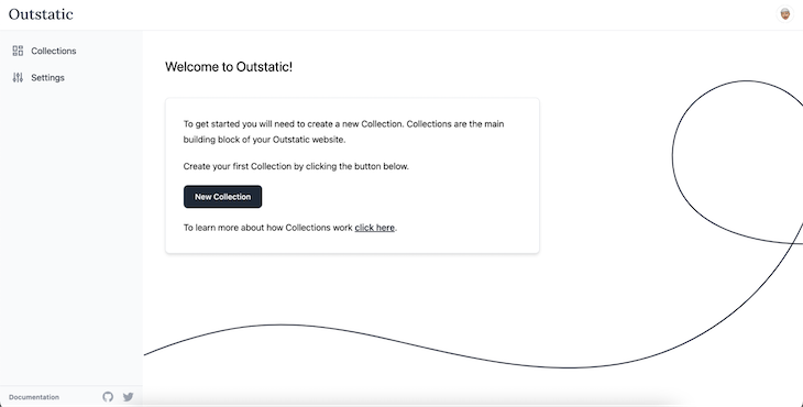 Black And White Outstatic Content Dashboard With Welcome Message And Prompt To Create First New Collection Or Learn More About Outstatic Collections. Menu Bar At Left Lists Collections And Settings. Bottom Left Links To Outstatic Documentation, Github, And Twitter