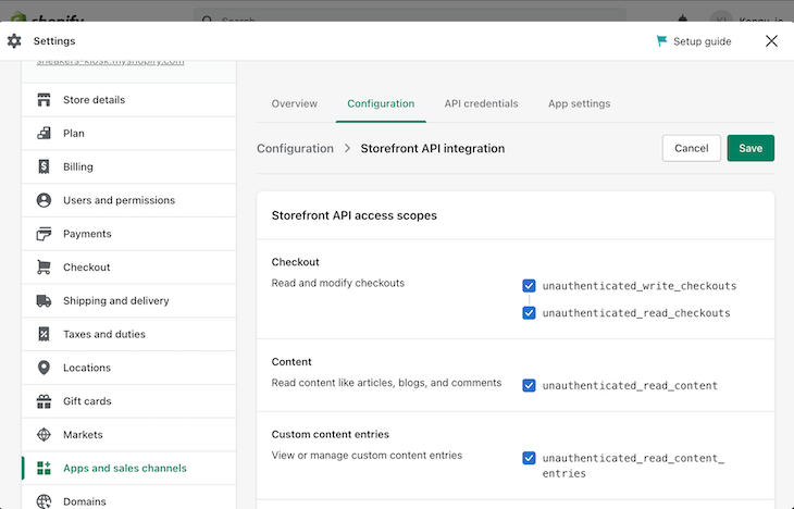 Shopify Store Configuration Page With Saved Configurations Shown Under Storefront Api Access Scopes With Green Button To Save Settings