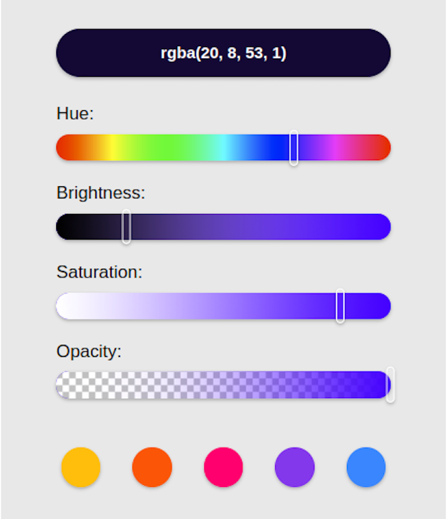 Light Gray Background Showing Five Horizontal Bars And Five Horizontally Arranged Circular Swatches. Top Bar Shows Preview Of Selected Color With Rgba Values. Remaining Bars Use Sliders To Set Hue, Brightness, Saturation, Opacity