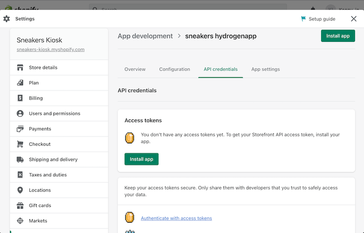 Shopify Store Settings Api Credentials Tab Showing Option To Install Newly Created App On Store