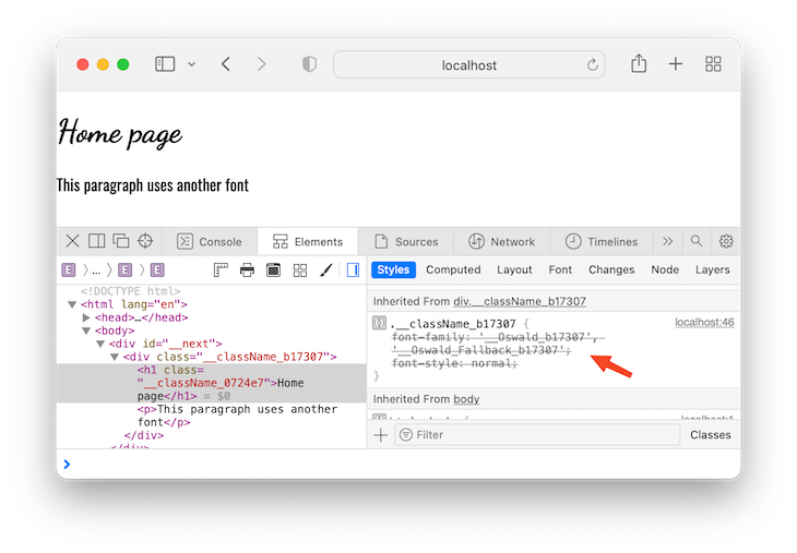 Browser Open To Localhost With Title Text In Dancing Script Font Reading Home Page Above Paragraph Text In Oswald Font. Developer Tools Panel Is Open With Red Arrow Pointing To Overridden Wrapper Font In H1