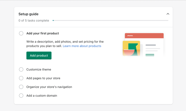 Setup Guide For Manually Adding Products To Shopify Form With Progress Bar At Top Indicating Zero Of Five Tasks Complete And Prompts To Add First Product Shown